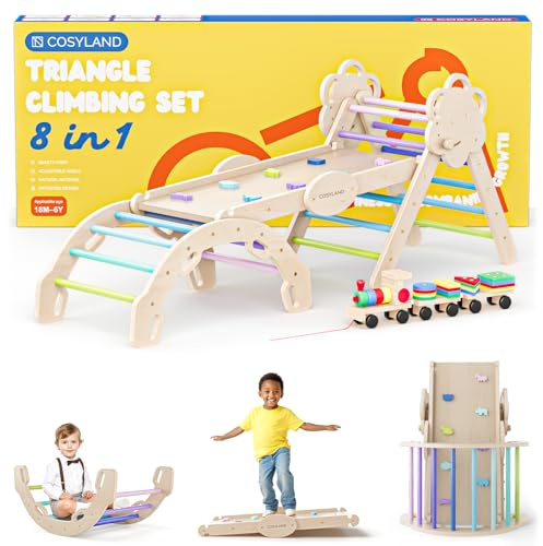 COSYLAND COSYLAND 7 in 1 Triangle Climbing Set - Wooden Kids Climbing Toys with Arch, Ramp & Ladder - Indoor Jungle Gym for Toddlers (Cool Shades,L)