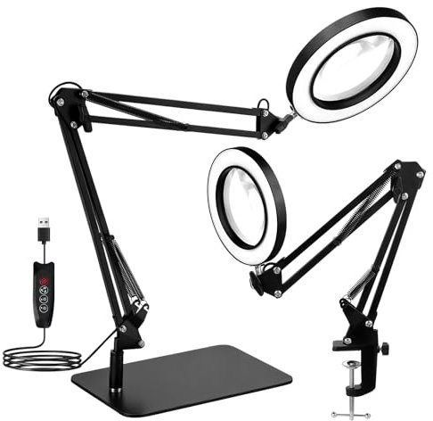 COVVY Loupe 15X avec lumière, lampe de bureau LED avec base et pince, 120 LED, 12,7 cm de diamètre, lentille en verre véritable pour la lecture, le travail et la réparation