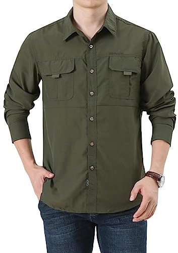 Modeewel Camisa Táctica para Exteriores de Hombre, de Secado Rápido, Funcional, Camisa de Trabajo, Manga Larga, Ligera y Transpirable, Camisas Safari, Camisa Overshirt, Camisa Cargo, Algodón, Camisa