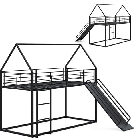 LIFEZEAL Structure de lit Mezzanine 90 x 200 cm, pour Enfants, lit avec Bande, sommier en métal, Toboggan, escalier, Espace de Rangement, lit superposé Montessori pour Chambre, dortoir (Noir)