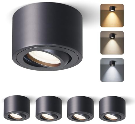 mega lumen 4 Pièces LED Spots en Saillie Orientables à 30°, 5W 520LM Spots de Plafond à 3 Couleurs Réglables, Spots IP65 Étanche Plafonnier Salle de Bain, Module LED 230V IRC90+, Ø80x50mm