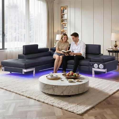 YORKMAX 108'' PU Leather Sectional Sofa with LED Lights, Modern L-Shaped Couch with Chaise, Adjustable Headrest, Bluetooth Speaker and USB Ports, Corner Sofa for Living Room Bedroom Office, Black