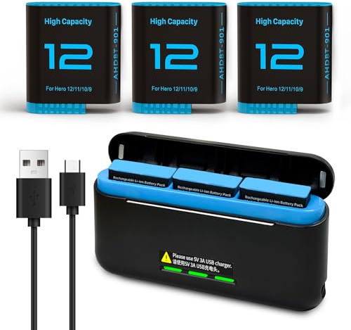 3 Stück 2580mAh Akku für Gopro Hero 12/Hero 11/Hero 10/Hero 9 mit 3-Kanal Typ-C Akku-Ladestation USB-C-Aufladen