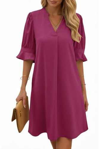 Cicy Bell Vestido de verano para mujer, elegante, de media manga, cuello en V, vestido de fiesta, vestido informal, vestido midi de un solo color, informal, con líneas A, vestido corto