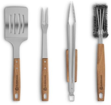 BURNHARD® Grillbesteck-Set 4-TLG. 42 cm, Akazienholz Edelstahl, Grillzubehör mit Grillzange, Grillwender, Fleischgabel und Grillbürste mit extra-Langen Holzgriffen und Aufhänge-Ösen