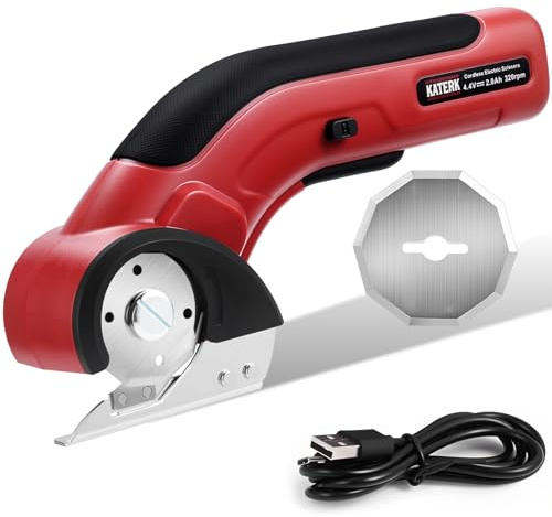 Katerk Tijeras eléctricas inalámbricas de 4,4 V con 2 cuchillas autoafilables, recargables por USB, bloqueo de seguridad, cortador de rodillo potente para tela, alfombra y plástico