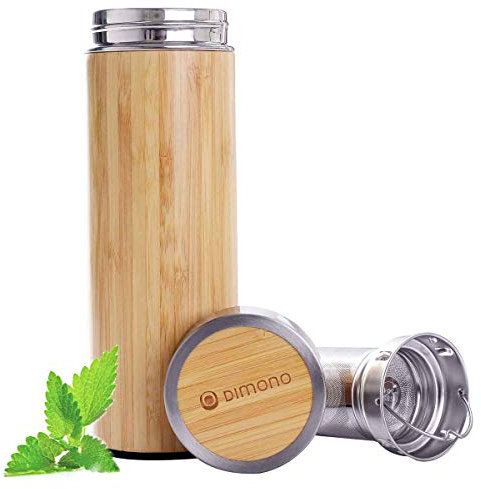 Dimono Bamboo Thermo Mug Travel Mug - Tea to go Teamaker Double Walled Thermo Mug with Tea Strainer Stainless Steel Thermo Bottle, 400ml