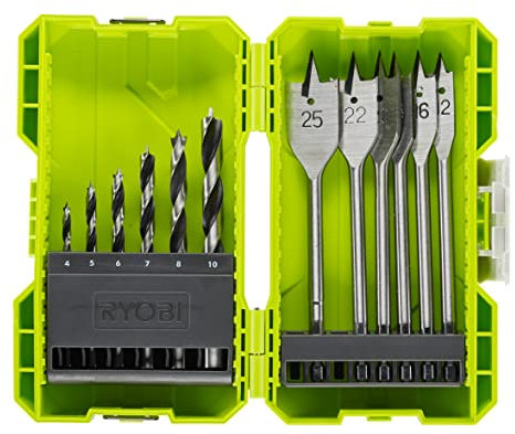 RYOBI Holzbohrer-Set RAK12SWD, 12-teilig, Spatenbohrer und Präzisionsbohrer, für Bohrschrauber und Schlagbohrer