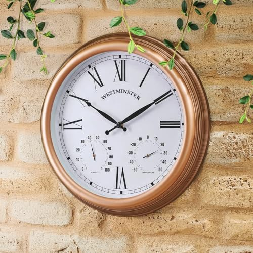 Homezone 38cm Outdoor Clock and Thermometer for Garden Exterior Garden Clock Decorative Wall Clock Garden Wall Features Large Round Wall Clock Graden Wall Ornaments Outdoor