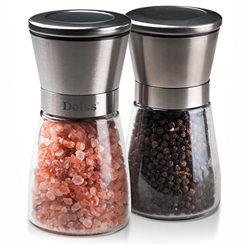 Deiss PRO Salt and Pepper Mill Set – Salt and Pepper Grinders with Adjustable Ceramic Rotor - Compact & Elegant Design - Great for Black Pepper, Cumin, Sea Salt, Himalayan Pink Salt,Peppercorn,Sesame