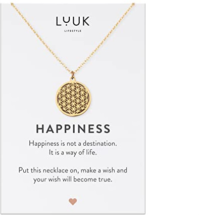 LUUK LIFESTYLE Collana filigrana con fiore della vita portafortuna Ciondolo in Acciaio Inossidabile e carta HAPPINESS, Gioielli Donna, Amicizia, Amore, Regali per Lei, Madre, Oro (50cm c.)
