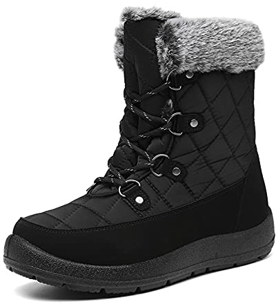 JSWEI Women's Mid Calf Winter Snow Boots Nonslip Boots Womens Safety Boots Warm Faux Fur Comfortable Winter Boots Lace Up Snow Black UK 7
