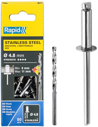 Rapid Remaches de Acero Inoxidable de Gran Resistencia, Ø4.8 x 14 mm - Remaches para Placas de Matrícula, Guardabarros, Recubrimientos Metálicos y Chapa - Incluye Taladro - 50 Piezas (5001461)