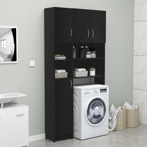 ZEYUAN Waschmaschinenschrank, Waschmaschinenregal, Toilettenregal, Waschmaschine Trockner Schrank, Waschmaschinen überschrank,-Set Schwarz Spanplatte
