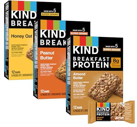 KIND Breakfast Bars, Variety Pack, Honey Oat, Almond Butter, and Peanut Butter, Healthy Snacks, Gluten Free, 3-8g Protein, 18 Count