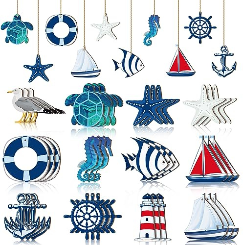 Tradder 36 Pcs Beach Wooden Ornaments for Tree Nautical Hanging Decorations Wood Beach Tree Ornaments Mini Anchor Sea Life Starfish Sailboat Coastal Decor for Summer Home Fishing Net Craft Sailor Gift