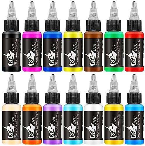 Encre de Tatouage, SNDE Kit d'encre de tatouage 14 couleurs primaires 30 ml/bouteille pour tatoueurs professionnels et débutants