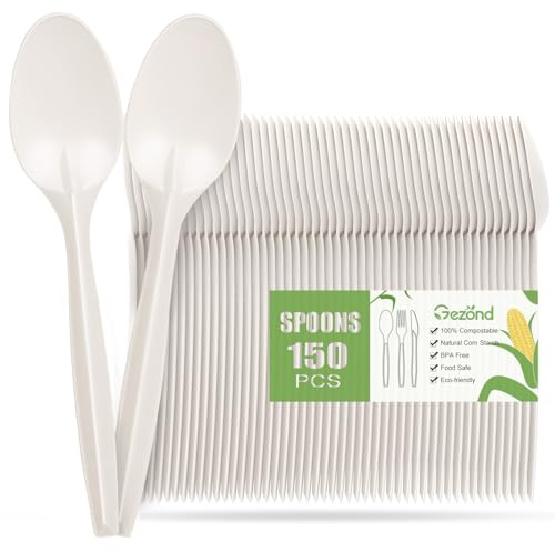 Gezond Compostable Spoons 150 Pack 6.7 Inch Disposable Spoons No Plastic Biodegradable Cutlery Set Heavy-duty for Party Wedding Camping Office Picnic