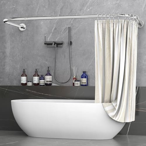 Misounda Tringle de Rideau de Douche en Forme de U/L 75×(150-190)×75 cm, Barre de Douche Angle Extensible pour Baignoire, Rail sans Support de Plafond, 24 Anneaux Inoxydable, Polissage fin