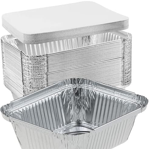 OUTIHOME Aluminiumfat med lock i kartong, 500 ml, set med 50 stycken, lämplig för bakning av ugn, grill, frysning, livsmedelsförvaring