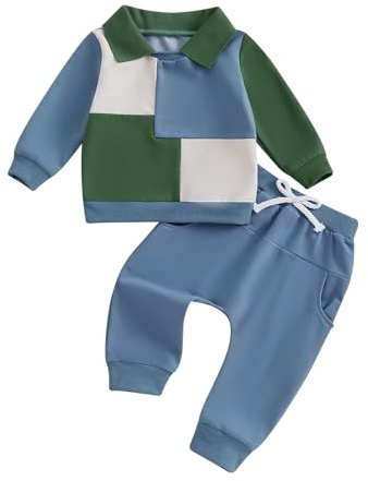 Vioyavo Conjunto de 2 piezas de manga larga para niño elegante conjunto de top sudaderas patchwork manga larga + pantalones niño, turquesa, 2-3 Años
