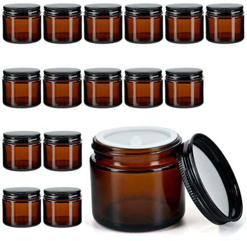 YFZYT 16 pezzi di contenitori per crema da riempire(60ml),piccole vaschette di vetro marrone per unguenti,contenitori di vetro con coperchio per creme,lozioni,unguenti ecc.