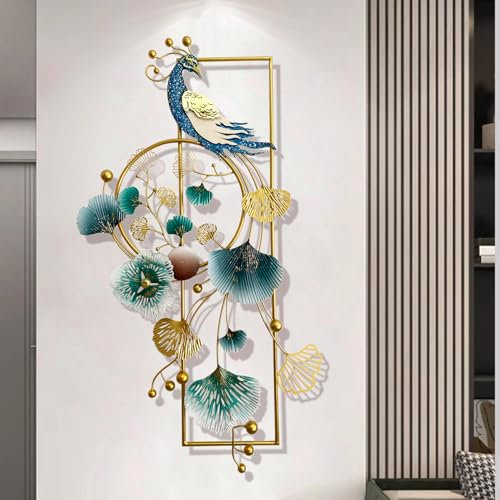 3D Pfau und Ginkgo Blätter Metall Wanddeko, Luxus Handgefertigt Metall Wandkunst Wandskulptur, Wandhänger Dekoration für Zuhause Wohnzimmer Schlafzimmer Esszimmer Hintergrund Wandverzierungen, 89x45cm