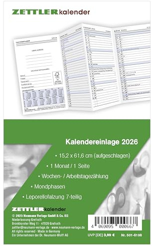 Zettler Inserto di ricambio per calendario TP 1M/1S Leporello 2026 – Calendario di ricambio 9 × 15 cm per agenda tascabile tipo 501, 1 mese per pagina, 7 pezzi di piegatura leporella, copertina