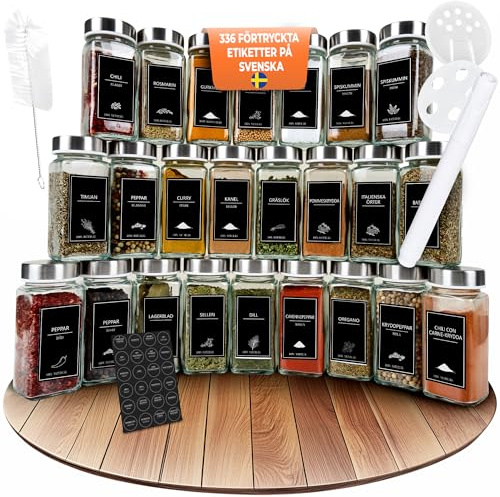 Comforder – Kryddburkar i Glas med Metallock – 336 Svenska Etiketter – 24-pack – 120 ml – Med Tillbehör (Metall)