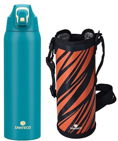Santeco, borraccia con blocco di sicurezza anti-perdita, thermos in acciaio inossidabile da 1,5 l, senza BPA, bottiglia termica con sacchetto da trasporto, bottiglia per acqua lavabile in