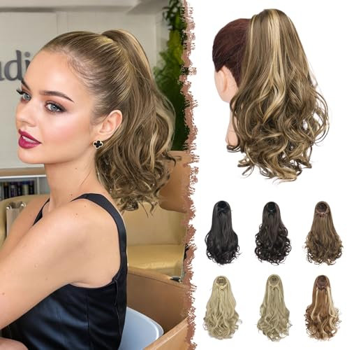 FESHFEN Queue de Cheval Extension avec Cordon, 38 cm Extensions de Cheveux Ondulées Synthétiques Postiche Bouclés pour Femmes, Brun Doré & Blond