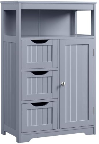 Yaheetech Badezimmerschrank, Unterschränke Beistellschrank, Badschrank mit 3 Schubladen und 1 Tür, verstellbare Regalebene, Wohnzimmer/Küche/Flur, Grau