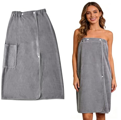 WEFHEF Toalla de Sauna para Mujer 130 x 80 cm, Toalla de Baño con Bolsillo Grande, Toalla de SPA Lavable con Botones, de Fibra de Poliéster para Sauna, Ducha, SPA, Baño, Piscina y Gimnasio, Gris