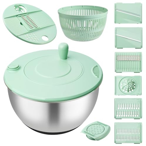 JAOGAUS Centrífuga de Ensalada, Mandolina Multifunción 2-en-1 (4L) en Acero Inoxidable, 6 Cuchillas para Verduras, Separador de Huevos y Molino de Jengibre/Ajo, Lavado y Secado Fácil de Ensaladas