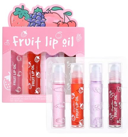 Lip Oil Set, 4PCS Hydrating Lip Gloss Sets Fruit Clear Liquid Lipstick - Long Lasting Lip Glow Oil Plumpimg Balm Lip Care - Moisturizing No-Sticky Lip Gloss,Gifts for Girls Dry & Chapped Lips