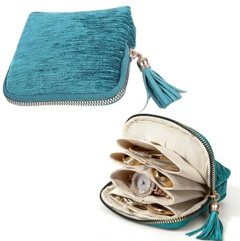 Liedrg Travel Jewelry Organizer Case - 5-Layer Velvet Zipper Pouch, Anti-Tangle Anti-Scratch Storage Bag for Bangles, Link Bracelets & Small Jewelry (Peacock Blue)