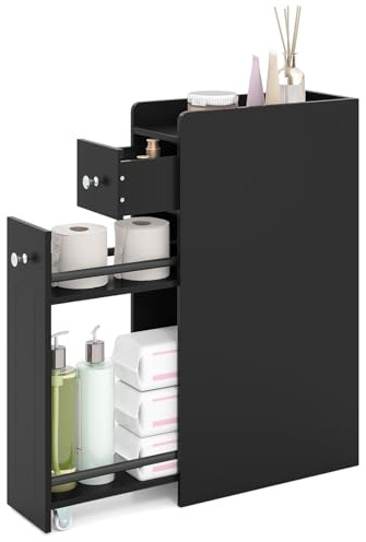 LIFEZEAL Armario de Baño Estrecho con Cajón y Ruedas (Negro) | Carrito Auxiliar para Baño, Lavandería y Salón con Estantería Nicho, 40 x 18 x 70 cm