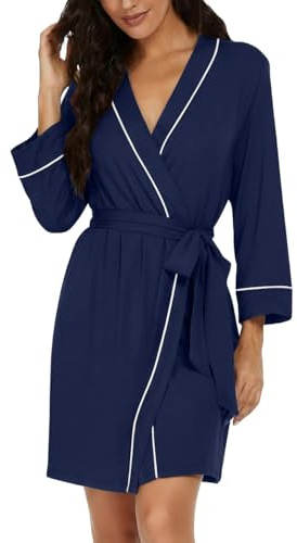 PrinStory Dressing Gown Women Causal Short Bathrobe Summer 3/4 Sleeve Kimono Robes V-Neck Lightweight Loungewear (Navy Blue, L)