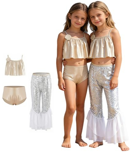 TSSOE Maillot de Bain Fille 3 Pièces Sirène Bikini Haut Culotte Pantalon Long Évasé Franges pour Natation