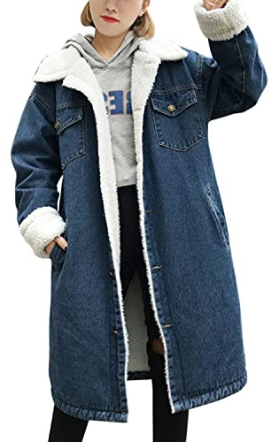Petalum Women Sherpa Fleece Denim Jean Jacket Winter Button Down Warm Thicken Oversized Long Coat Outerwear