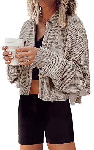Panadila Women's Cropped Waffle Knit Shacket Short Button Down Jacket Batwing Sleeve Shirts with Pocket(Light Khaki,M)