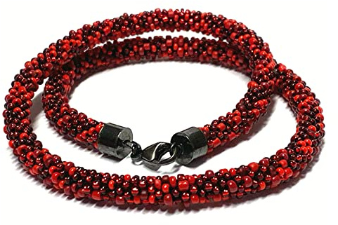 Kette gehäkelt Glasperlen 925 Silber geschwärtzt Schließe Handarbeit Unikatschmuck Häkelkette 47cm rot Farbmix