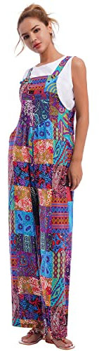 Latzhose Damen Sommer Lang Boho Bohemian Blumen Locker Weite Hose Overall Jumpsuit Einteiler Playsuit Arbeitslatzhose mit Taschen Loose Fit Hoseanzug Romper Gro�e Gr��en Blau S