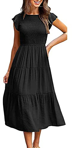Yuson Girl - Robe Longue Femme Ete - Robe de Plage Boheme Casual - Robe Maxi de Cocktail - Col Rond et Manches Volantes - Taille Haute (Noir, XL)