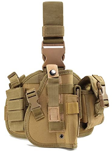 ZONSUSE Taktisch Beinholster, Outdoor Militär Pistolenholster, Oberschenkelholster mit Magazintasche, Verstellbares Waffenholster für Jagdschießen, Militärspiele, Training oder Cosplay (Khaki B)