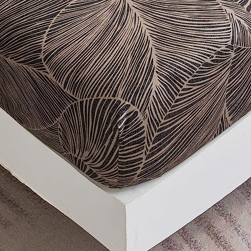 Spannbettlaken 90x200 cm - Tropisches Blättermuster - Spannbettuch Bis 30 cm Matratzenhöhe - Bettlaken Weiche Polyester-Mikrofaser Braun
