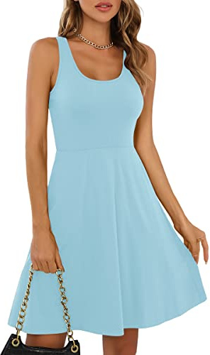 Missufe Vestido de Verano para Mujer, Minivestido Rockabilly, Vestido de Patinadora, Vestido Corto sin Mangas, Azul Claro, M