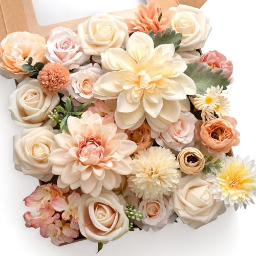 Mocoosy Artificial Flowers Combo Silk Fake Flowers, Mix Faux Flowers Roses Peony Dahlia with Stem for DIY Wedding Bouquets Centerpieces Craft Cake Flower Arrangements Birthday Party Home Decorations