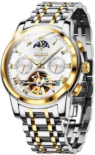 OUPINKE Herrenuhr Automatik Luxus Skelett Mechanik Weiß Zifferblatt mit Mondphase Tourbillon Tag Datum Wasserdicht Luminous Zweifarbige Edelstahlarmband