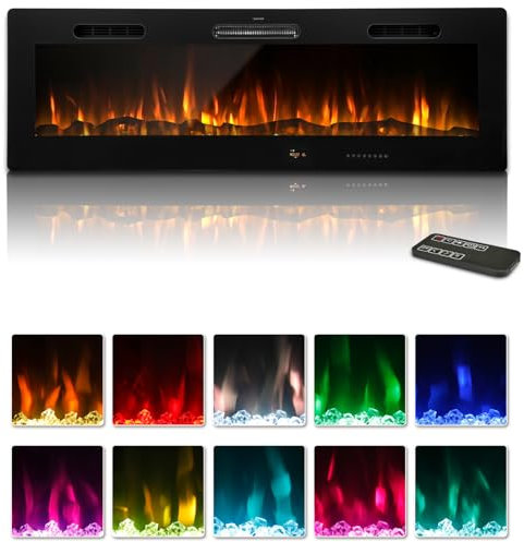 YODOLLA Electric Fireplace Insert with 10 Color LED Flames, Wall Mounted Media Fireplace with Remote, Touch Screen, Crystal & Log, 1000-2000W (152cm)